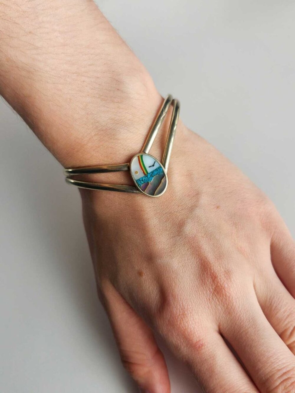 Vintage mosaic landscape inlay silver bracelet from Mexico - Picture 8 of 13